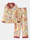 Women Cotton Chinese Character Element Print Revere Collar Two Pieces Home Sleepwear - Red