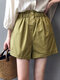 Shorts casuais de cintura elástica com botão de bolso sólido - Exército verde