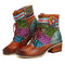 SOCOFY Colorful Genuine Leather Splicing Flower Lace Up Zipper Flat Short Boots - Brown