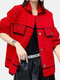 Plaid Long Sleeve Turn-down Collar Pocket Jacket For Women - Red