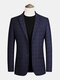 Men Plaid Flat Collar Single-Breasted Casual Blazers With Flap Pockets - Navy