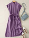 Solid Button Sash Lapel Short Sleeve Casual Cotton Shirt Dress - Purple