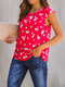 Floral Printed O-Neck Ruffled Sleeveless Blouse - Red