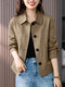 Women Solid Lapel Double Pocket Button Front Casual Jacket - Khaki