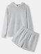 Women Plush Drop Shoulder Hoodie Solid Warm Pajamas Sets With Shorts - Gray