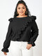 Solid Color Ruffle Patchwork Puff Sleeve Casual Blouse for Women - Black