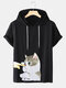 Mens Cartoon Cat Graphic Short Sleeve Drawstring Hooded T-Shirts - Black