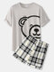 Mens Smile Cartoon Bear Print Rib Raglan Sleeve Short Pajamas Sets With Plaid Shorts - Gray