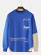 Mens Letter Print Patchwork Cotton Loose Casual Crew Neck Long Sleeve Sweatshirt - Blue