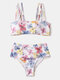 Women Floral Printed Adjustable Double Shoulder Straps High Waist Bikinis Beachwear - White