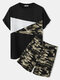 Mens Camo Pattern Patchwork Crew Neck Waffle Knit Two Pieces Outfits - Black