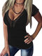 Camiseta de manga corta con cuello en V profundo y patchwork de encaje para mujer - Negro