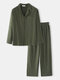 Men Plain Cotton Linen Shirts Lounge Co-ords Long Sleeve Loose Two Pieces Loungewear Sets - Green