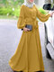 Solid Color Pleated Waistband Long Sleeve Casual Muslim Dress for Women - Yellow