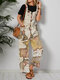Map Globe Print Pocket Sleeveless Cami Casual Jumpsuit For Women - Khaki
