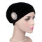 Women's Velvet Wtih Alloy Diamonds Stretch Turban Hat Casual Warm Solid Beanie Cap - Black