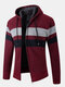 Mens Patchwork Zip Front Plush Lined Knit Cotton Long Sleeve Hooded Cardigans - Red