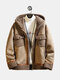 Mens Leather Suedes Patchwork Thickened Fleece Lined Warm Hooded Outerwears Coats - Khaki