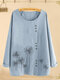 Floral Printed Button O-neck Long Sleeve Blouse - Light Blue