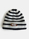 Unisex Knitted Jacquard Striped Letter PU Label Fashion Warmth Crimping Brimless Beanie Hat - White