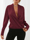 Women Crossed Front Deep V-neck Long Sleeve Casual Blouse - Wine Red