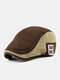 Men Cotton Contrast Color Patchwork Letter Pattern Embroidery Patch Casual Beret Flat Cap - Coffee