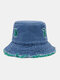 Unisex Washed Denim Solid Colorful Broken Hole Rough Edge All-match Sunscreen Bucket Hat - Green