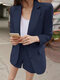 Solid Long Sleeve Button Front Lapel Two Pieces Suit - Navy