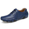 Men Hand Stitching Leather Non Slip Soft Sole Large Size Casual Driving Shoes - Blue