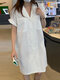 Solid Dual Pocket Button Lapel Roll Sleeve Shirt Dress - White