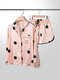 Women Faux Silk Pink Pajamas Sets Polka Dot Long Sleeve Lapel Collar Sleepwear For Autumn - Pink