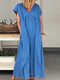 Loose Solid Color Short Sleeve V-neck Casual Dress For Women - Blue