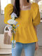 Solid Pleated Puff Sleeves Square Collar Blouse For Women - Yellow