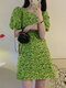 Puff Sleeve Allover Floral Print A-line Crew Neck Dress - Green