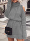 Cold Shoulder Solid Color Long Sleeve Turtleneck Casual Sweater Dress For Women - Grey