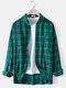 Mens 100% Cotton Plaid Print Designer Lapel Long Sleeve Shirts With Pocket - Green