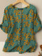 Allover Floral Print Button Front Short Sleeve Blouse - Green