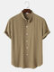 Mens Plaid Stand Collar Button Up Casual Short Sleeve Shirts - Khaki