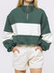 Patch Contrast Color Zipper Loose Pullover Sweatshirt For Women - Green