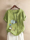Women Cartoon Floral Printed Button O-Neck Short Sleeve T-shirt - Green