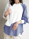 Women Striped Patchwork Crew Neck Button Sleeve Design Casual Blouse - White