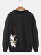 Mens Japanese Cat Side Print Crew Neck Pullover Sweatshirts - Black