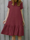 Women Solid Ruffle Hem Short Sleeve Vintage Dress - Wine Red