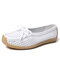 Women Breathable Hollow Leather Round Toe Butterfly Knot Flats - White