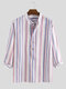 Mens 100% Cotton Stripe Three-quarter Sleeve Henley Shirts - Blue