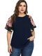 Casual Flowers Raglan Short Sleeve Plus Size Print T-shirt for Women - Navy