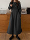 Solid Pocket Split Ремень С круглым вырезом с длинным рукавом Шея Повседневная одежда Платье - Черный