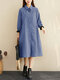 Plaid Print Patchwork Button Long Sleeve Casual Dress for Women - Navy