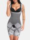 Women Floral Print Ribbed Breast Support Slimming Breathable Body Shaper Onesies Shapewear - Grey
