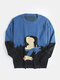 Mens Knit Abstract Figure Pattern Cotton Pullover Casual Round Neck Sweaters - Blue